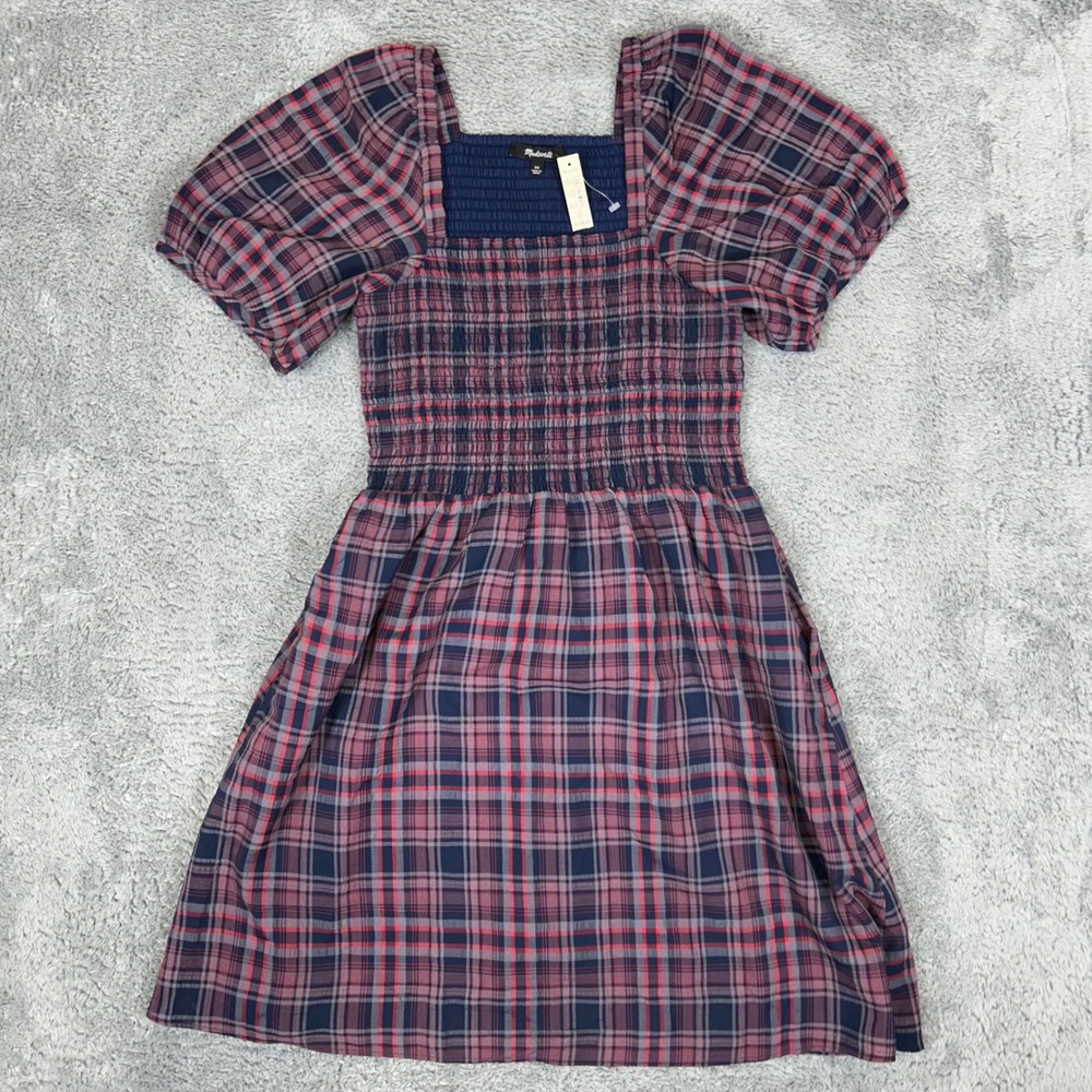 Madewell Smocked Puff-Sleeve Mini Dress Navy Red Plaid ND045 XS NEW